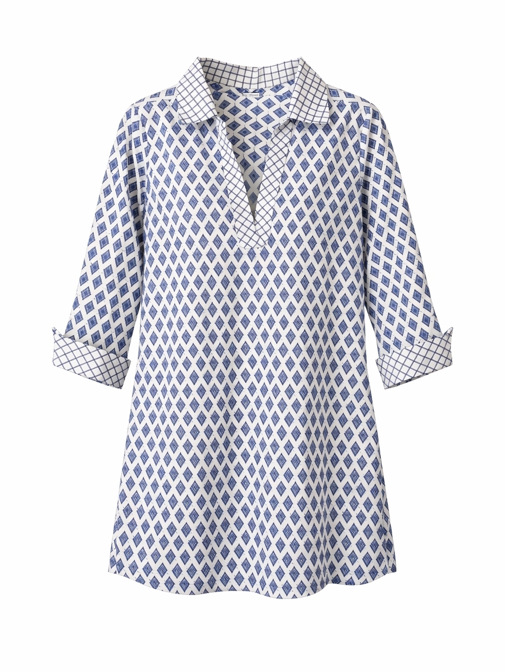Foxcroft Tunic Top Blue White Geometric Print 3/4 Sleeve Collared Blouse